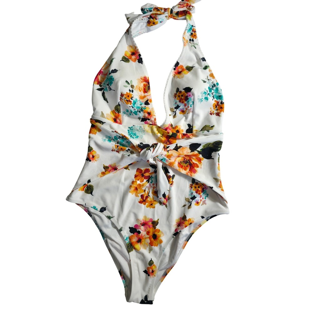 Cupshe Floral One Piece Swimsuit XL Women Halter Tie Waist Beach NWT - Picture 2 of 10